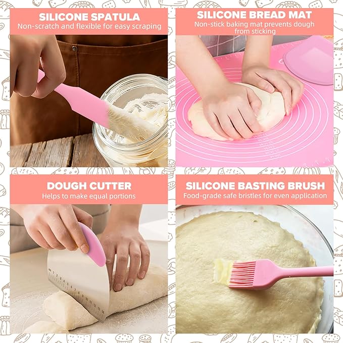 Sourdough Starter Kit, 15 Pcs Sour Dough Bread Baking Supplies for Beginners with 24 Oz Glass Starter Jar, Complete Bread Making Set with Silicone Banneton Proofing Basket, Baking Accessory