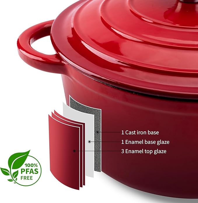 5.5QT Enameled Cast Iron Dutch Oven Pot with Lid,Heavy-Duty Cookware for Sourdough Bread Baking,Braising,Stews,Roasting,Oven Safe up to 500°F,RED