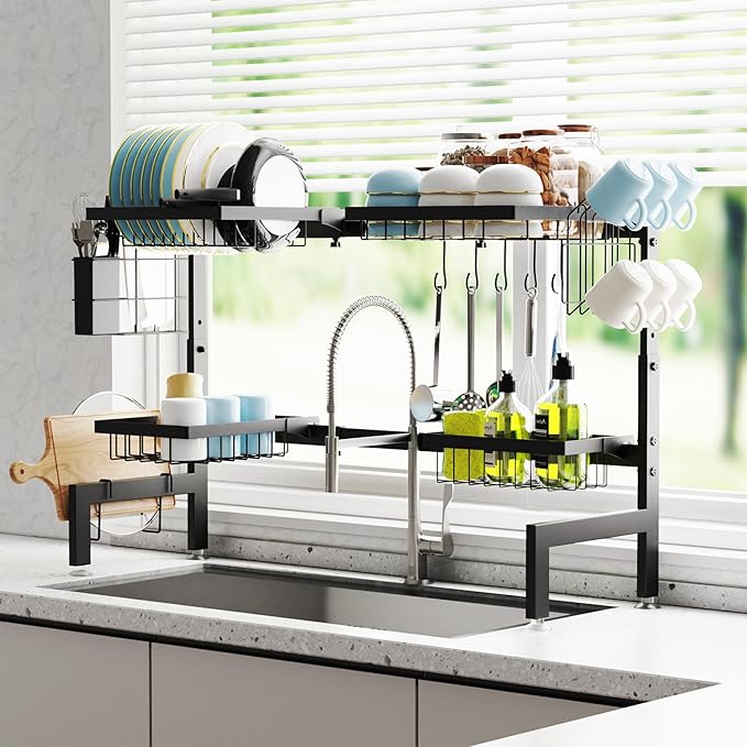 Over The Sink Dish Drying Rack Adjustable (Length and Height) Large Dish Rack, 2-Tier 4 Baskets Stainless Steel Dish Drainers for Kitchen Counter, 26-33.5L x 11.8W x 21.6-23.2H Inches