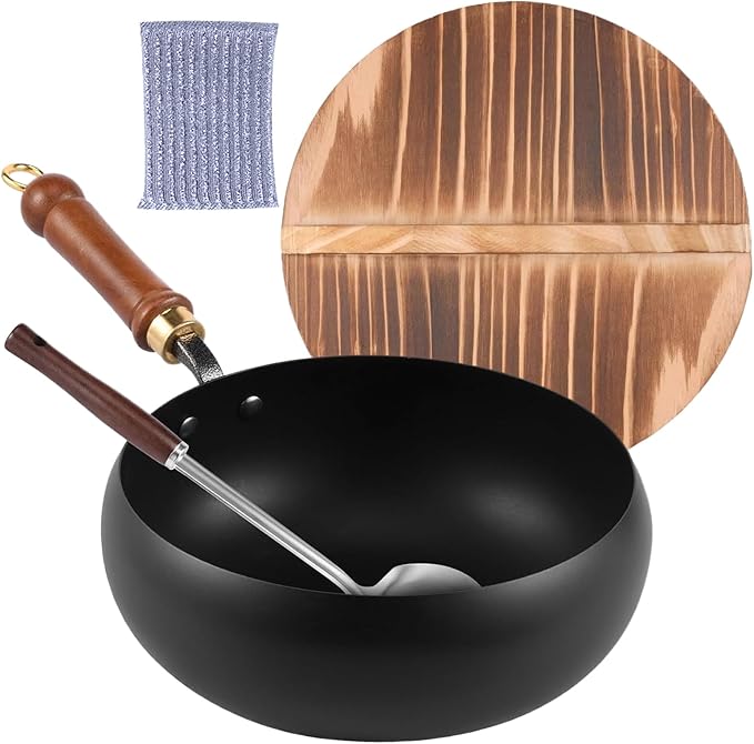 Hand-Forged Cast Iron W ok Pan, Big Belly Pot with Wood Lid, Cast Iron Frying Pan No Chem-ical Coated, Traditional Japanese Cookware for Induction, Ideal for All Hobs