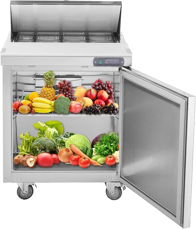 JINSONG 28" Refrigerator Sandwich & Salad Prep Table, Stainless Steel Refrigerated Food Prep Station, 7.4 cu. ft with Cutting Board and 12 Pans for Restaurants, Bar, Shops, etc