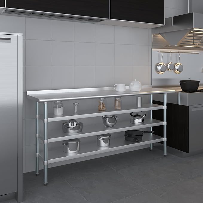 AmGood Stainless Steel Work Table with 1.5" Backsplash and 3 Shelves | Metal Kitchen Food Prep Table | NSF (72" Long x 18" Deep)