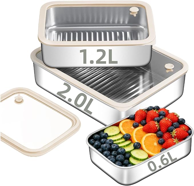 3-Pack Extra Thick 304 Stainless Steel Storage Containers Set, Non-Stick Bottom Food Storage Boxes with Airtight Glass Silicone Lids, Stackable Kitchen Organizers for Meal Prep & Pantry Storage