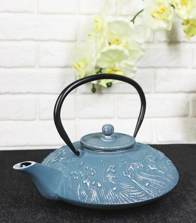 Ebros Gift Traditional Oriental Tetsubin Cast Iron Teapot With Enameled Interior 27oz Asian Japanese Chinese Fusion Housewarming Tea Pot Accent (Royal Blue Ocean Sea Waves)