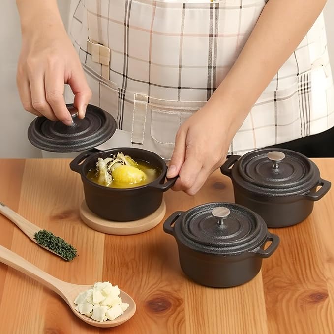 6 Pcs Mini Dutch Oven with Lids and Dual Handles Round Small Iron Cocotte Pot Black Cast Iron Pot for Marinate Bake Refrigerate Cook Grill Garlic Roaster BBQ Stovetop Use (8 oz)