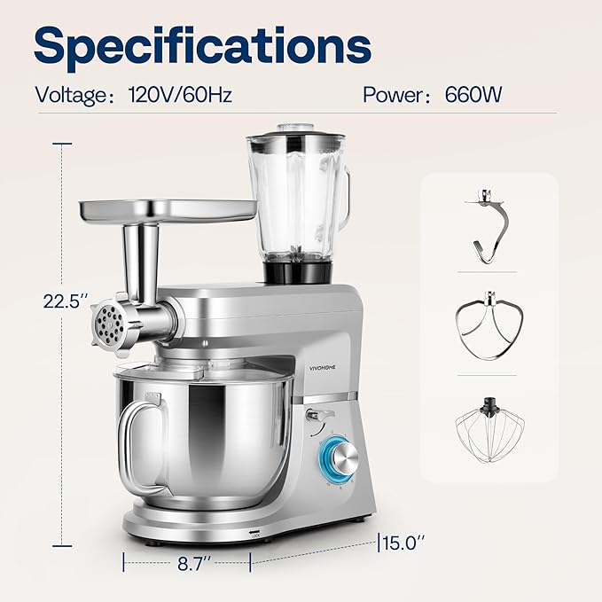 VIVOHOME 6-in-1 Stand Mixer, 8.5 Quart Electric Tilt-Head Kitchen Mixer with Bowl, Multifunctional Food Mixer for Cake, Bread, and Dough, with Meat Grinder, Blender, Pasta Maker Attachments, Silver