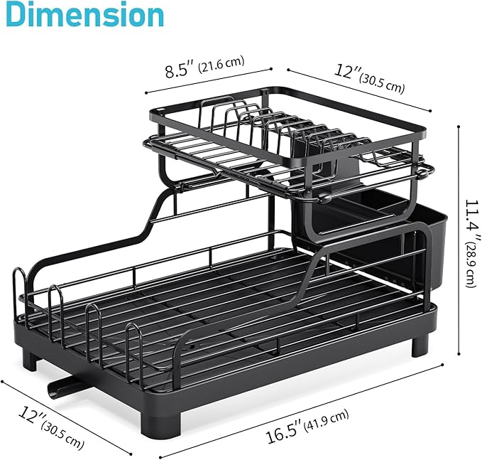 TOOLF Dish Drying Rack,2 Tier Dish Drying Rack with Large Drainboard,Dish Racks for Kitchen Counter and Sink,Stainless Steel Dish Drainers with Cup & Utensil Holders,Black