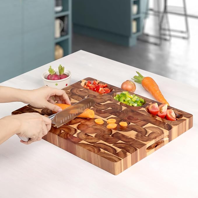 Acacia End Grain Cutting Board (17x13x1.5in), Butcher Block - Reversible Multipurpose Chopping Board with Juice Groove, Cracker Holder & Inner Handles