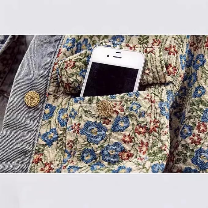 Xaspee Womens Peter Pan Collar Cropped Jean Jacket Embroidered Jacquard Long Sleeve Casual Floral Denim Jackets Coat