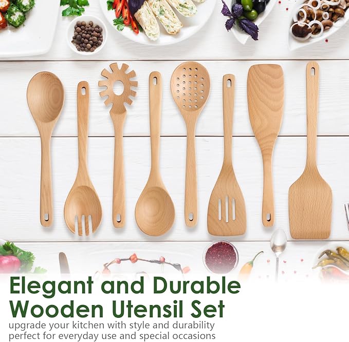 Wooden Spoons for Cooking, Beech Wood Kitchen Utensil Set, Premium Handmade Wooden Cooking Utensils for Nonstick Cookware, Heat Resistant, Smooth Finish, Comfortable Grip, 8 Piece