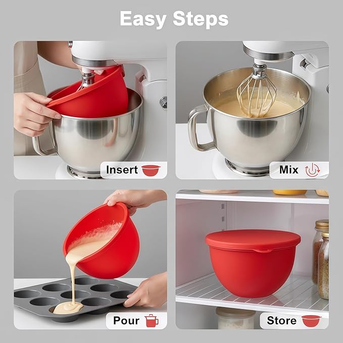 Kitchen Silicone Bowl Insert – Upgraded Non-Slip Silicone Mixer Bowl Liner for Tilt-Head 5 Qt Stand Mixers with Lid, Dishwasher & Microwave Compatible (red)