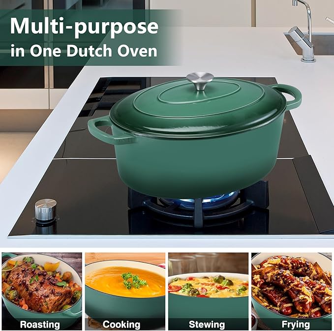 P&P CHEF Oval Dutch Oven with Lid, Enameled Cast Dutch Oven Pot for Bread Baking, Braising, Stewing, Roasting, Non-Stick & Oven Safe, Dual Handles & Easy Clean, 7QT & Dark Green, Valentine's Day