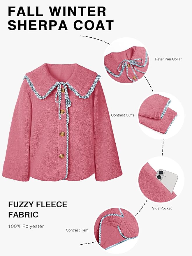 Tankaneo Womens Fuzzy Fleece Jacket Peter Pan Collar Button Down Fall Winter Sherpa Coats Colorblock Cute Warm Outerwear