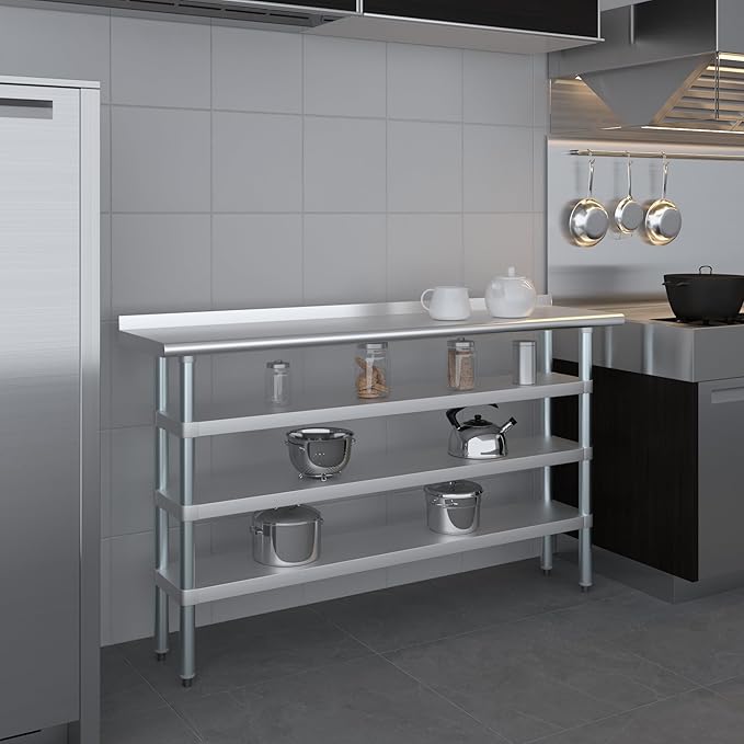 AmGood Stainless Steel Work Table with 1.5" Backsplash and 3 Shelves | Metal Kitchen Food Prep Table | NSF (60" Long x 14" Deep)
