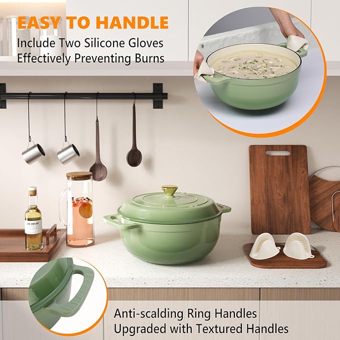 Bonnlo 6QT Round Dutch Oven, Enameled Cast Iron Dutch Oven Pot with Lid & Dual Handles, Oven Safe Up to 500° F, for Sourdough, Bread Baking, Stews and Roasting, Green