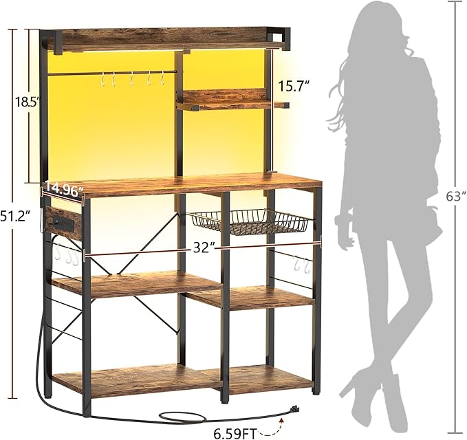 Aheaplus Bakers Rack with Power Outlet and LED light strings, Microwave Oven Stand Kitchen Storage Shelf with Wire Basket, Coffee Bar Station Island table with 10 hooks for Spices, Pots, Rustic Brown