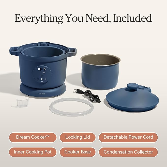 Our Place Dream Cooker | 6 Qt Ceramic Nonstick Multicooker & Pressure Cooker with Touchscreen Controls & Auto Steam Release | 4 Modes: Pressure Cook, Sauté/Sear, Slow Cook & Warm | Blue Salt