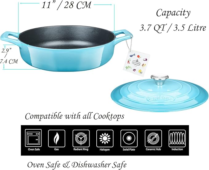 La Cuisine Enameled Cast Iron Covered Braiser, Saute Pan Casserole Pan with Lid, 3.75 QT 11" / 28cm Dia, Internal Matte Black Enamel Coating – 2 Ton Teal Enamel Coating Finish Exterior, Oven Safe up to 500° F