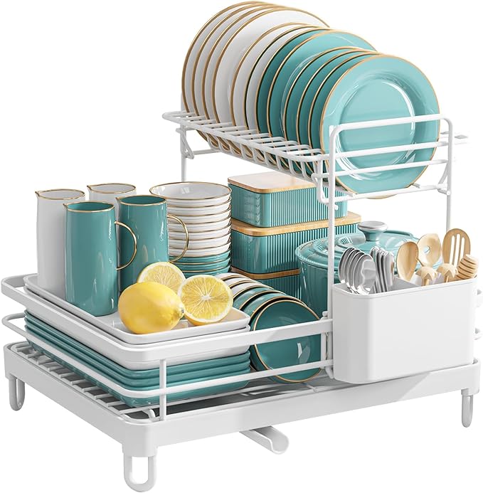 Dish Drying Rack - X-Large Stainless Steel Dish Rack for Kitchen Counter, 2-Tier Kitchen Organizers and Storage for Dishes, Bowls, Cutlery, White