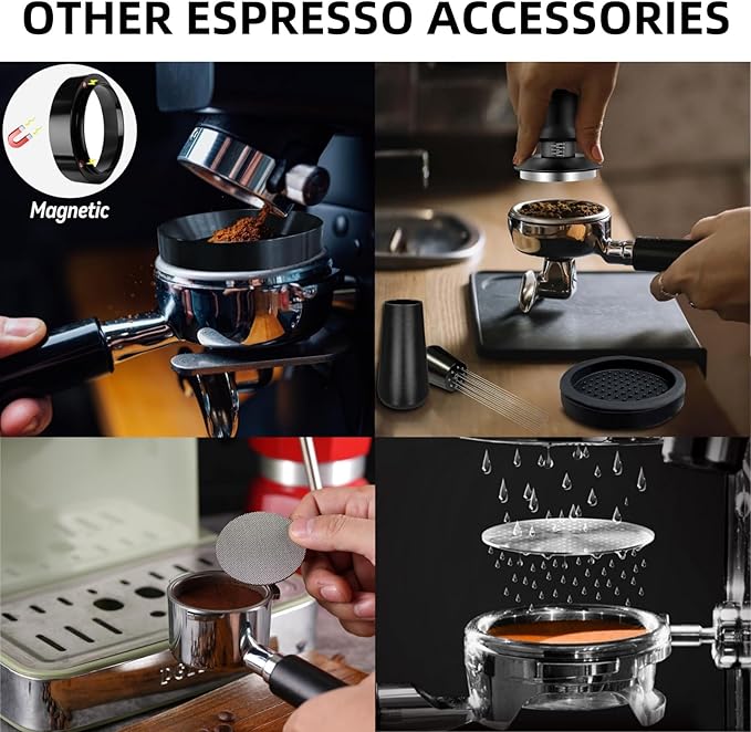 54mm Espresso Accessories 10 PCS - WDT Tool Kit, Coffee Tamper with Wood Espresso Tamping Station, Frothing Pitcher, Distributor, Stirrer, Dosing Funnel, Brush, Puck Screen, Latte Art Pen