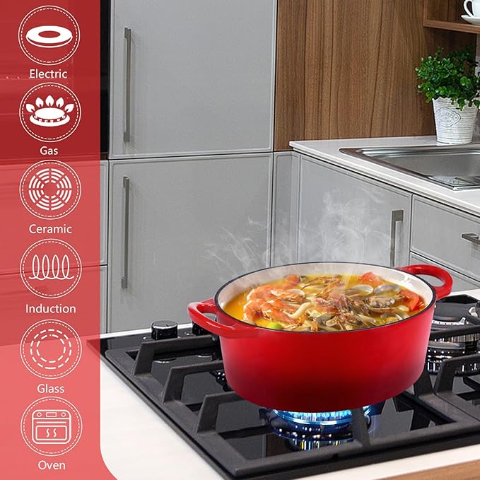P&P CHEF Oval Dutch Oven with Lid, Enameled Cast Dutch Oven Pot for Bread Baking, Braising, Stewing, Roasting, Non-Stick & Oven Safe, Dual Handles & Easy Clean, 5QT & Red, Valentine's Day