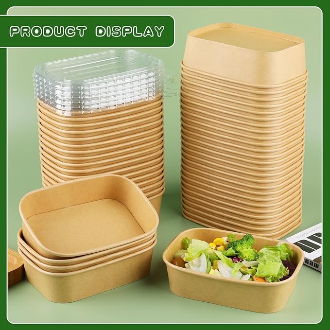 50 Pack 19 oz Paper Bowls, Disposable Food Containers with Lids, Rectangular Disposable Bowls, Disposable Salad Bowls with Lids for Diet Salad, Ice Cream, Yogurt, Party Food