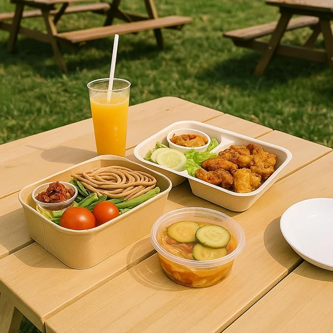 60 Pack 29 oz Kraft Paper Disposable Meal Prep Containers with Lids and Sporks - Microwavable, Freezer Safe and Leakproof Disposable Food Containers Bowls for Lunch Snack Soup Salad Storage