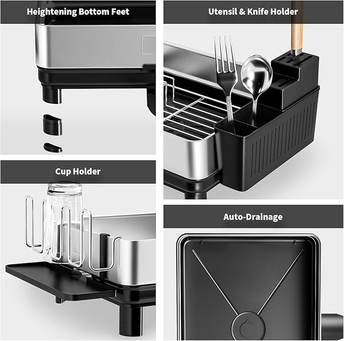 Ewaiira Dish Drying Rack, 304 Stainless Steel Dish Racks for Kitchen Counter, Dish Drainers with Automatic Drainage, Utensil Holder & Cups Holder, Space Saving Kitchen Organizer, Black
