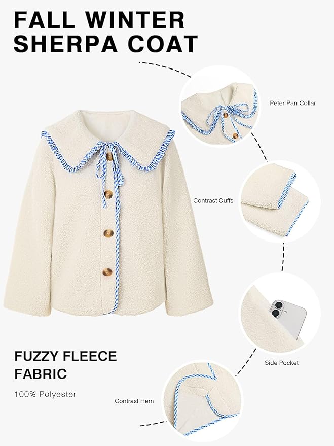 Tankaneo Womens Fuzzy Fleece Jacket Peter Pan Collar Button Down Fall Winter Sherpa Coats Colorblock Cute Warm Outerwear