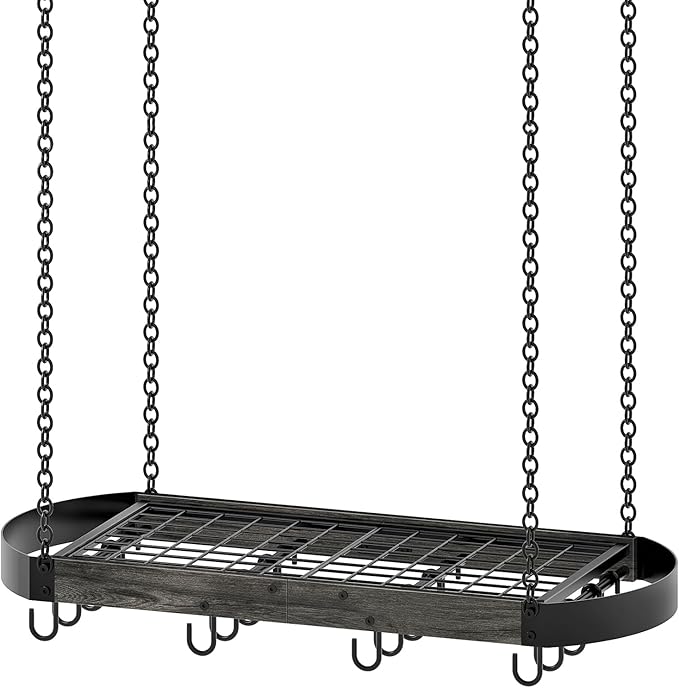 31.7-Inch Hanging Pot Rack, Space-Saving Pot Hanger for Kitchen, Ceiling Pan Hanging Rack with 16 Detachable S Hooks, Sturdy Metal Frame, Industrial Style, Charcoal Black and Black TPR09BC