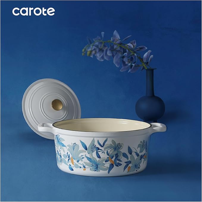 CAROTE 5 QT Cast Iron Dutch Oven Pot with Lid, Enameled Floral Dutch Ovens with Cotton Potholders & Oven Gloves, Gift Box, Cast Iron Pot for Sourdough Bread Baking, Braising, Stews, Roasting, Dual Handles, All Stovetop Compatible, Oven Safe up to 500° ...