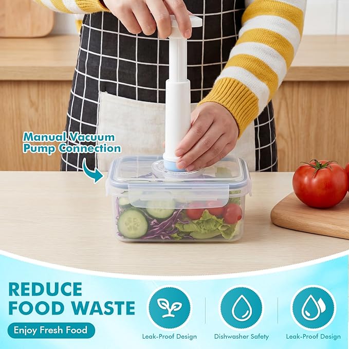 LemonRoad 33 Piece Vacuum Seal Storage Food Containers with Lids (6Containers&6 Lids&20 Sealable Bags&1 Hand Vacuum Pump), Meal Prep Containers with Lid, Airtight and Leak Proof (Black)