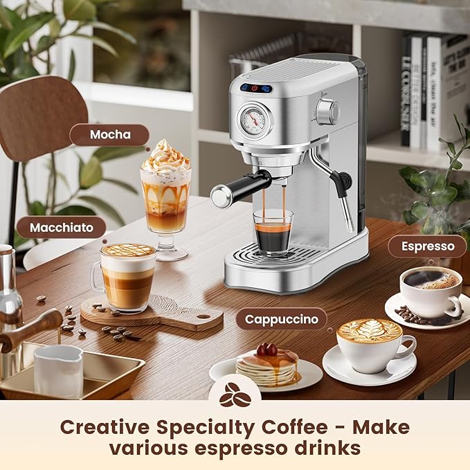 Espresso Machine 20 Bar, Compact Espresso Maker, Stainless Steel Expresso Coffee Machines with Steam Milk Frother & 34oz Removable Water Tank for Cappuccino, Latte, Home Office Use, Silver