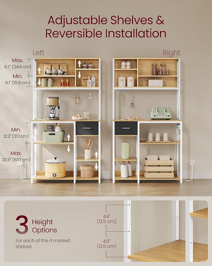 VASAGLE Bakers Rack with Charging Station, Coffee Bar, 15.7 x 39.4 x 71 Inches, Kitchen Microwave Stand, Adjustable Storage Shelves, Fabric Drawer, 12 Hooks, Golden Oak and Cloud White UKKS027Y01