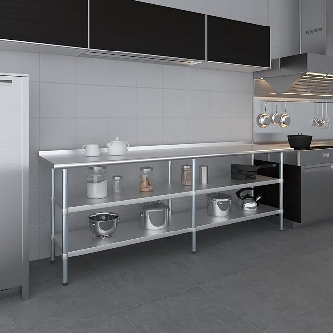 AmGood Stainless Steel Work Table with 1.5" Backsplash and 2 Shelves | Metal Kitchen Food Prep Table | NSF (96" Long x 24" Deep)