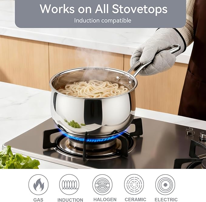 2.5QT Stainless Steel Saucepan with Steamer Basket and Glass Lid, 18/8 Food Grade Small Soup Pot with Steamer Insert, Induction Compatible, Heavy Duty Multi-Purpose Pot for Cooking & Steaming