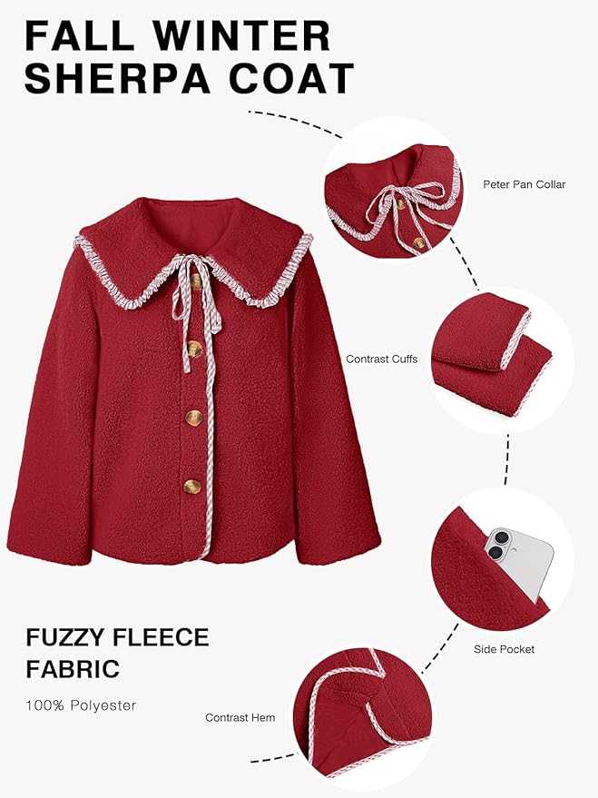 Tankaneo Womens Fuzzy Fleece Jacket Peter Pan Collar Button Down Fall Winter Sherpa Coats Colorblock Cute Warm Outerwear