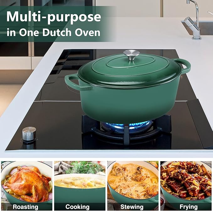 P&P CHEF Oval Dutch Oven with Lid, Enameled Cast Dutch Oven Pot for Bread Baking, Braising, Stewing, Roasting, Non-Stick & Oven Safe, Dual Handles & Easy Clean, 5QT & Dark Green, Valentine's Day