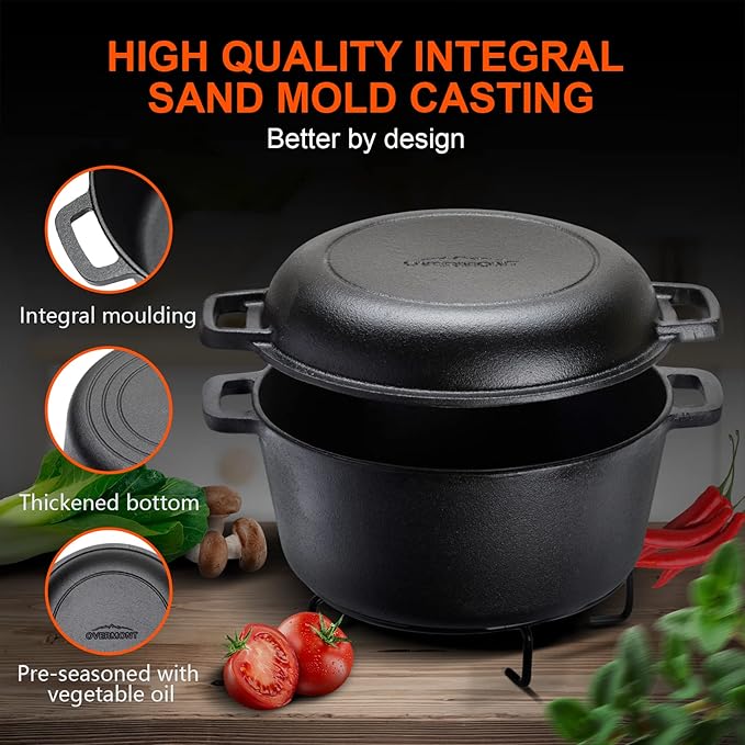 Overmont 2-in-1 Cast Iron Dutch Oven - 5QT Pre-Seasoned All-in-One Casserole Braising Pan with Skillet Lid Cookbook & Silicone Handle Covers - Heavy Duty Oven-Safe Pot for Bread Baking Frying Camping