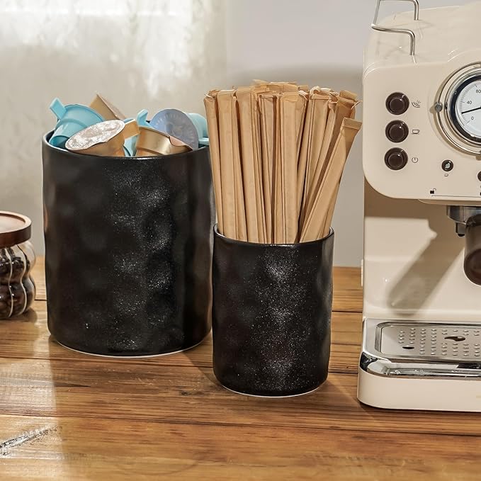 Utensil Holder, 7.25"+5.25" Ceramic Kitchen Utensil Holder for Countertop, Large Cooking Utensil Crocks Gift for Mother's Day, Home Kitchen Decor, Parties,Set of 2, Matte Black