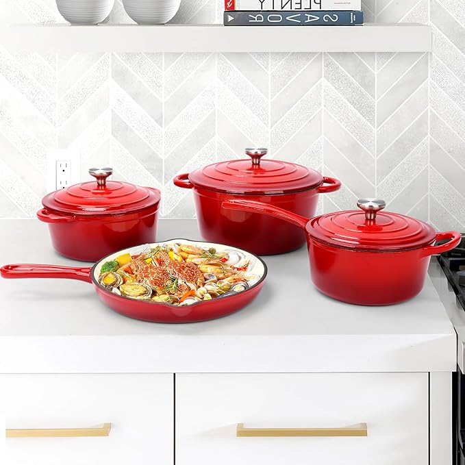 QuliMetal Nonstick Enameled Cast Iron Cookware Set, 7-Pcs Pots and Pans with Lid, Frying Pan Skillet, Sauce Pan, Healthy Round Dutch Oven Pot for Sourdough Bread Baking on All Stovetop, Rouge Red