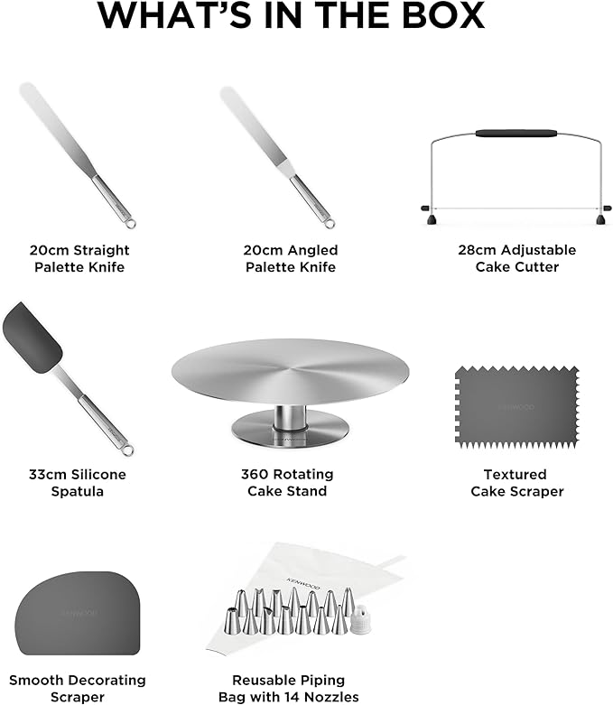 Kenwood KWSD100 Decorating Pastry Set, Stainless Steel Cake Tray, Spatulas, Piping Bag and Stainless Steel Sleeve for Decoration