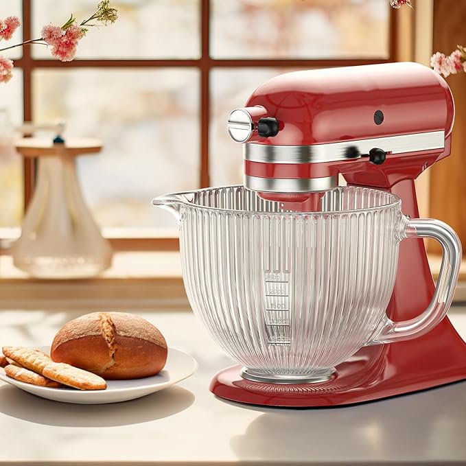 Glass Bowl for KitchenAid Mixer, 4.5-5 Quart Tilt-Head for KitchenAid Glass Mixer Bowl for Stand Mixer With Pour Spout and Measurement Markings, Dishwasher Safe