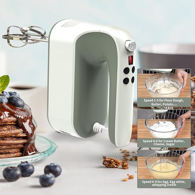9-Speed Digital Hand Mixer Electric, 400W Powerful DC Motor, Hand Mixer Electric Handheld with Snap-On Storage Case, 5 Stainless Steel Accessories, Beaters, Dough Hooks, Whisk(Light Green)