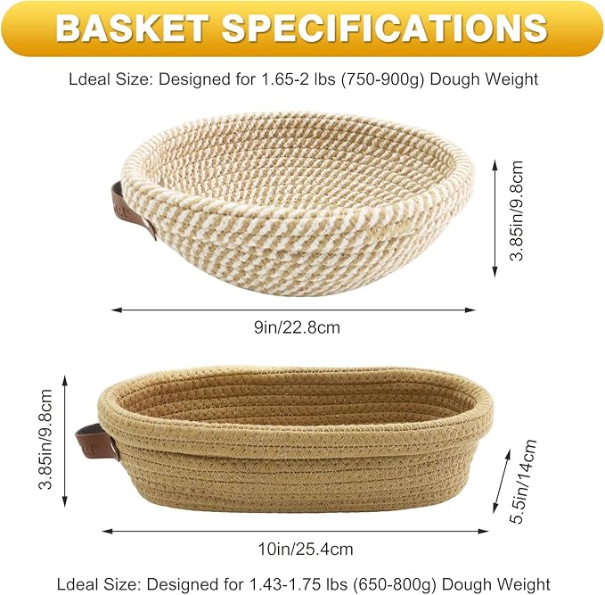 Banneton Bread Proofing Basket Set of 2, 9 10 11 inches Round & Oval Cotton Rope Sourdough Bread Baking Supplies Proofing Bowls with Liners & Covers Gifts for Bakers Women Wife Mom