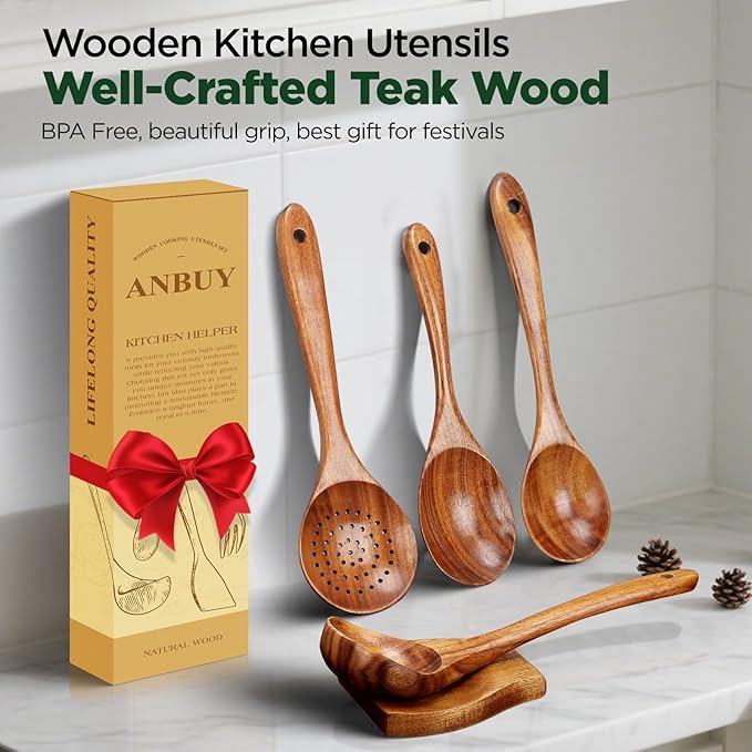 ANBUY Wooden Spoons for Cooking, 6 Pcs Teak Wood Kitchen Utensil Set with Spoon Rest, Ladle Salad Skimmer Spoon for Mixing Serving, Heat-Resistant Cooking Utensil, Gentle for Non Stick Cookware