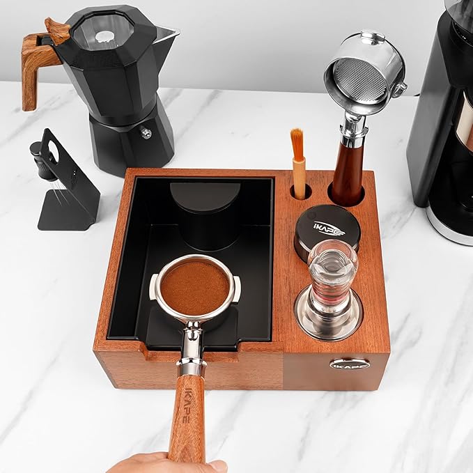 IKAPE 51/53/54/58mm Espresso Knock Box, Sandywood Coffee Station, Tamper Tools, Distributor, Portafilter & Puck Screen Accessories, Natural Sandywood Station Base