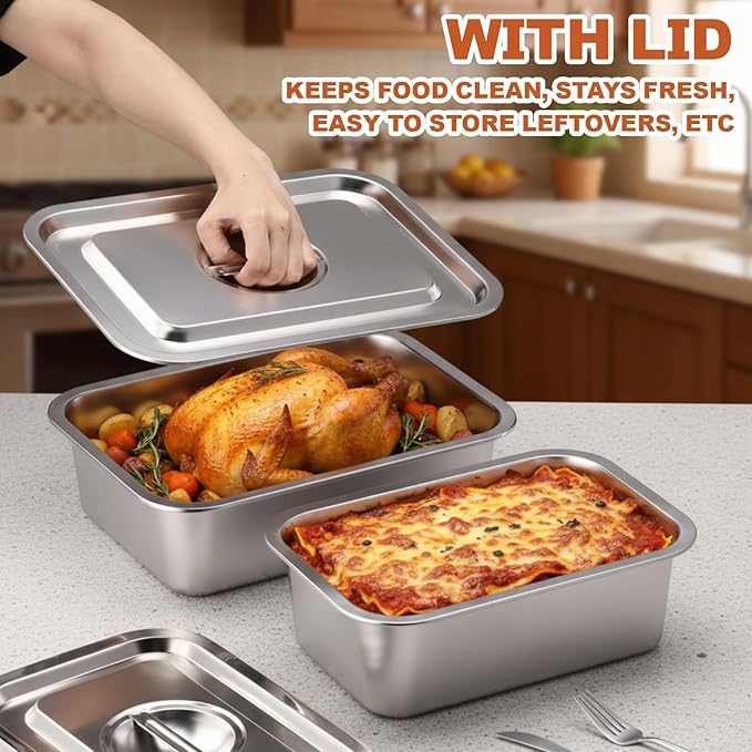 2 Pack 4 Inch Extra Deep Lasagna Baking Pan with Lid, 11"x14.2" 7.4qt & 8.6"x12.5" 4qt Rectangular Large Stainless Steel Nonstick Lasagna Roasting Pans Set Deep Baking Dish Set for Oven