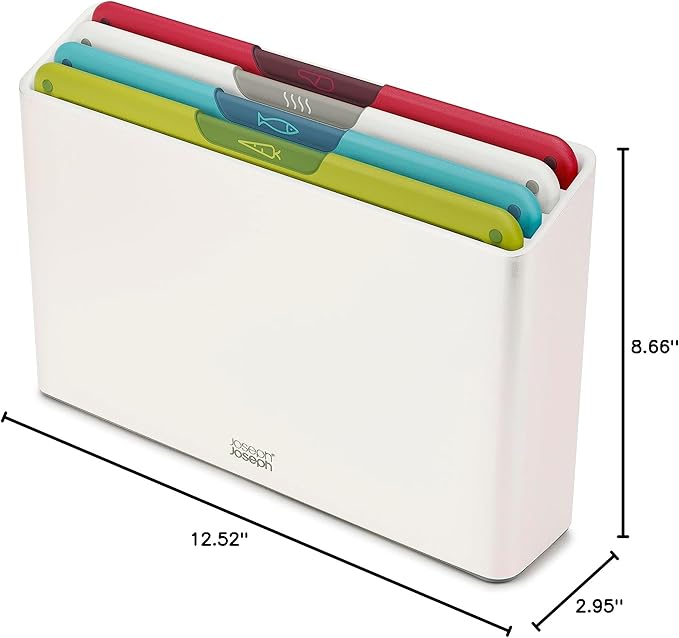 Joseph Joseph Folio Icon 4-Piece Multi Colour coded Cutting Board Set, Slimline case for organized Kitchen storage, White
