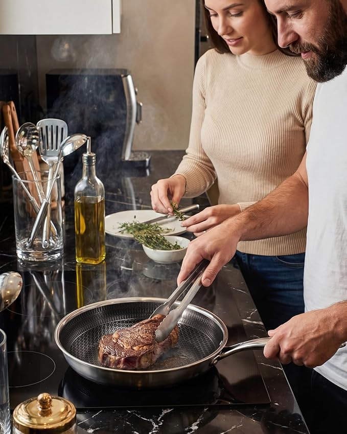 Nonstick Frying Pan with Lid,12-Inch Stainless Steel Skillet with Honeycomb Surface,Dishwasher-Friendly,Oven-Safe,Induction Compatible,PFAS-Free,Non-Toxic,Compatible with All Cooktops.